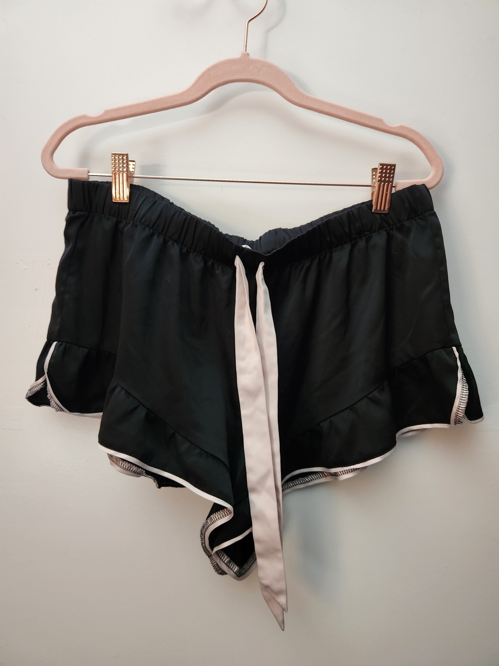 Victoria's Secret Women’s Black Ruffle Satin Shorts with Pink Tie Size L
